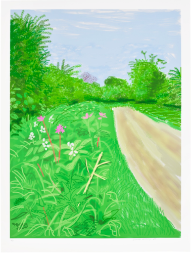 David Hockney artwork “The Arrival of Spring in Woldgate, East Yorkshire” depicting a bright green countryside path and blooming landscape, shown at Scottsdale Art Week 2026.