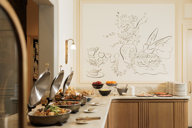 Beautifully styled hotel breakfast station at The Grand America Hotel with chafing dishes.