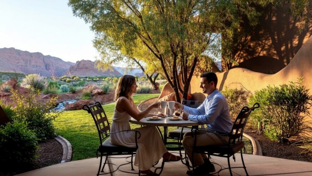 Couple dining outdoors at The Inn at Entrada, seated on a private patio overlooking red rock scenery in St. George, Utah.