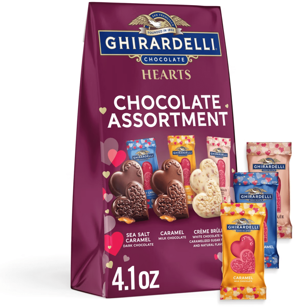 Ghirardelli Hearts Chocolate Assortment featuring sea salt caramel, caramel milk chocolate, and crème brûlée chocolates in Valentine’s packaging.