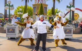 Disney characters Chip and Dale perform alongside chefs during the Cookin’ with the Jammin’ Chefs show at Disney California Adventure Park.