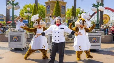 Disney characters Chip and Dale perform alongside chefs during the Cookin’ with the Jammin’ Chefs show at Disney California Adventure Park.
