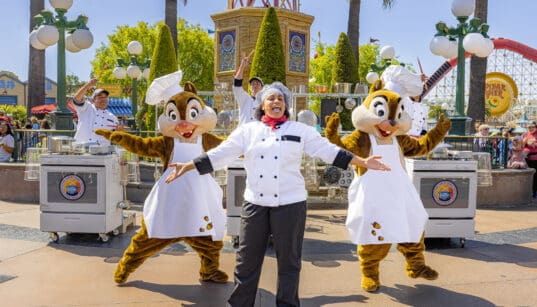 Disney characters Chip and Dale perform alongside chefs during the Cookin’ with the Jammin’ Chefs show at Disney California Adventure Park.