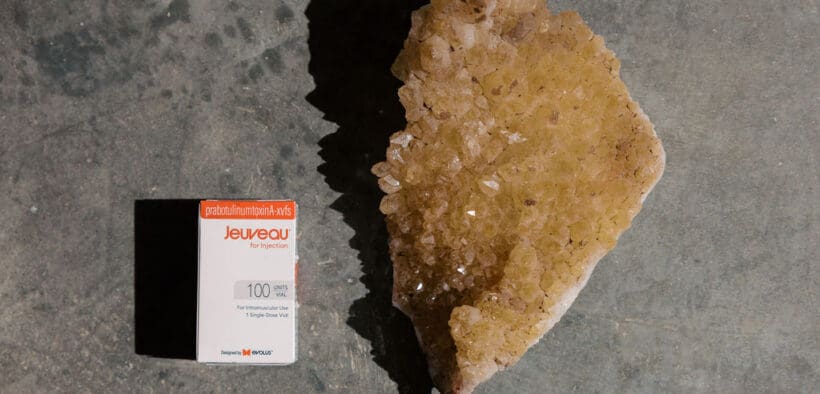 Close-up of Jeuveau injection product packaging labeled for cosmetic use, associated with wrinkle reduction and skin rejuvenation.