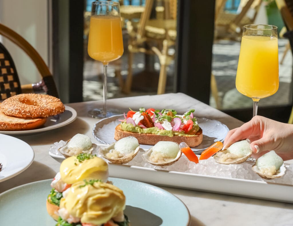 Outdoor brunch table featuring oysters on ice, avocado toast with radishes, bagels, and two glasses of orange mimosa in natural sunlight.