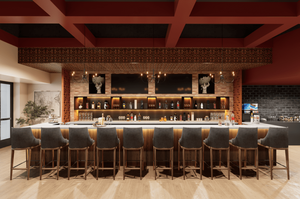 Modern Southwest restaurant interior with bar seating at Frank & Lupe’s new Gainey Ranch Scottsdale location.