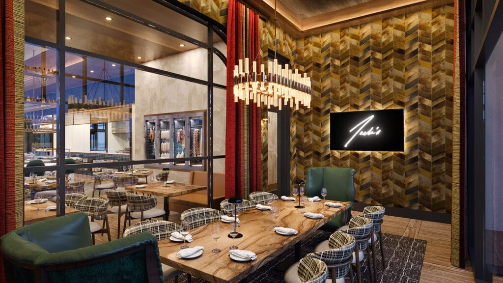 The main modern dining area of Jack's Modern Steakhouse next to a window-front private dining room with polished interior. 