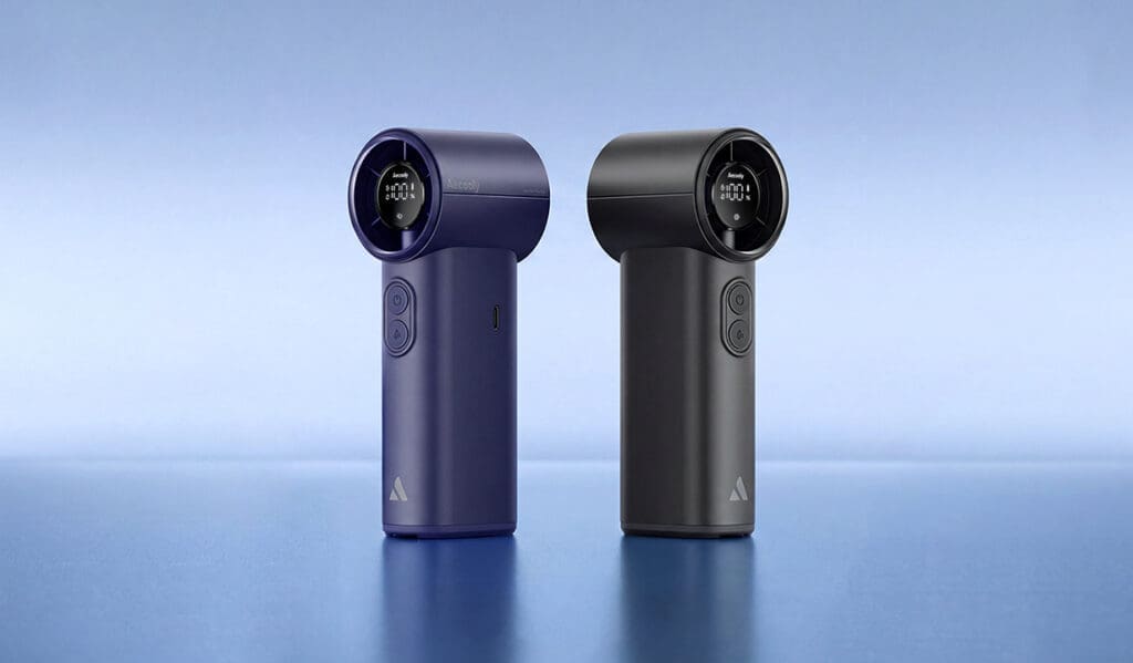 Two handheld cooling devices in dark and blue finishes displayed against a gradient background.
