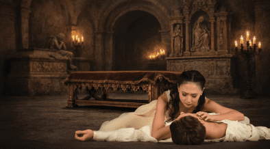 Ballet Arizona Romeo and Juliet performance with dancers in dramatic candlelit scene inside a cathedral-style set in Phoenix.