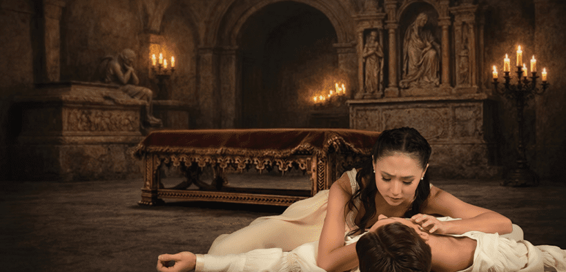 Ballet Arizona Romeo and Juliet performance with dancers in dramatic candlelit scene inside a cathedral-style set in Phoenix.