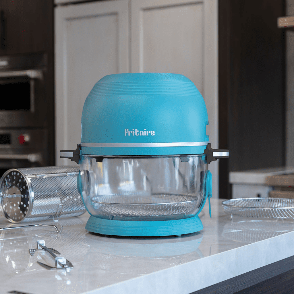 A turquoise air fryer on a kitchen countertop with accessories arranged around it.