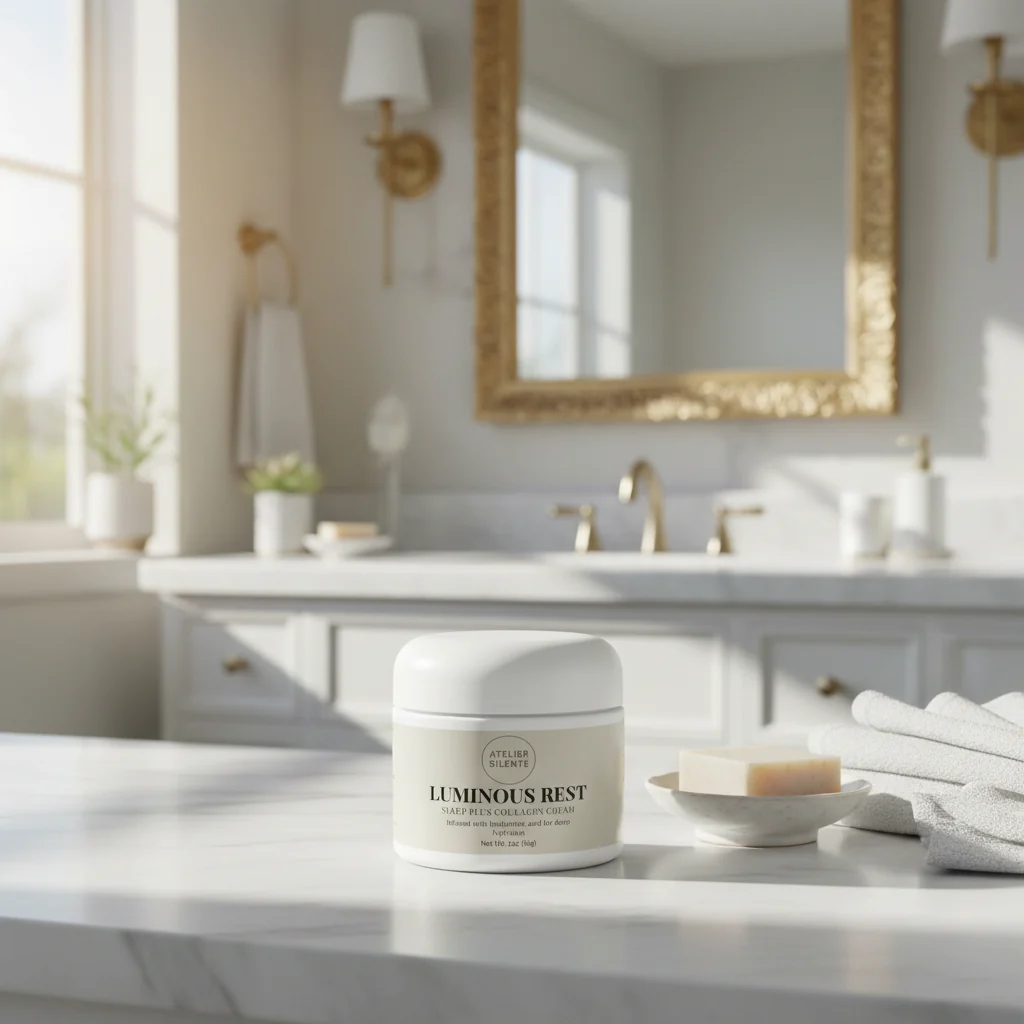 A container of collagen face cream on a marble bathroom countertop with soft natural light, a mirror and folded towels in the background.