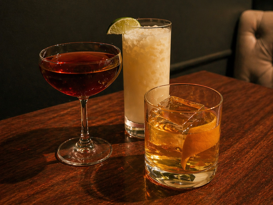 Craft cocktails including a Manhattan and citrus-forward drinks at Madeline restaurant in Denver.