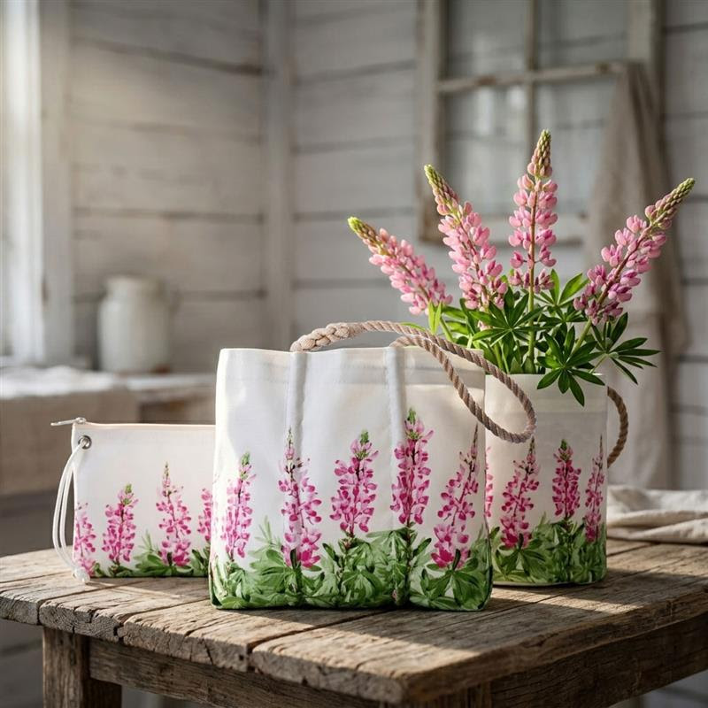 A set of floral tote bags with pink lupine prints on a rustic wooden table, styled with fresh flowers in a light, airy space.