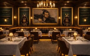 Elegant Japanese steakhouse dining room with samurai armor and warm lighting at Noble 33 Beverly Hills restaurant rendering.