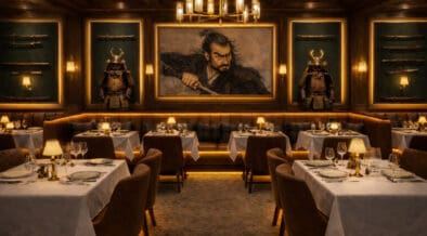 Elegant Japanese steakhouse dining room with samurai armor and warm lighting at Noble 33 Beverly Hills restaurant rendering.