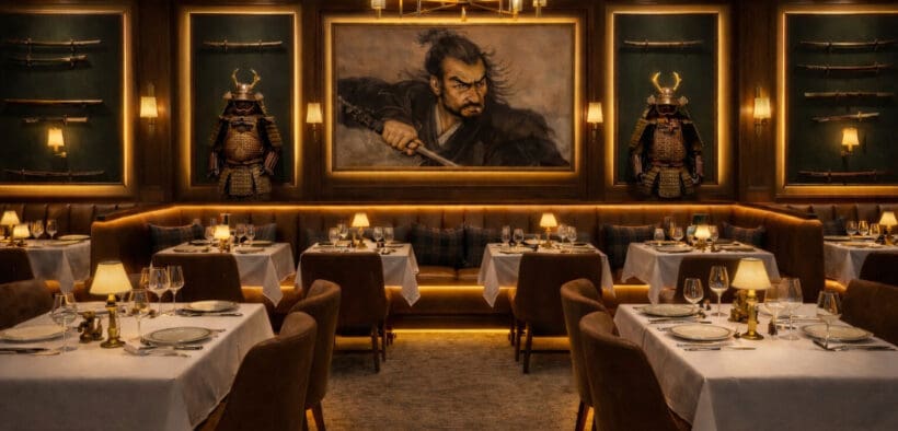 Elegant Japanese steakhouse dining room with samurai armor and warm lighting at Noble 33 Beverly Hills restaurant rendering.