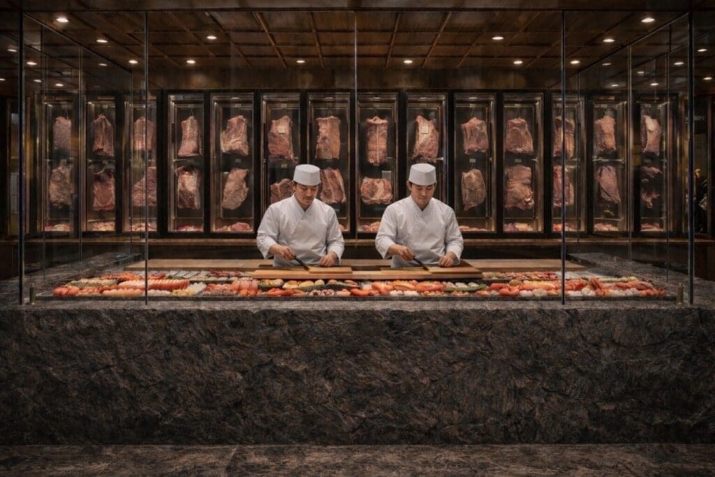 Sushi chefs preparing fresh sushi at upscale Japanese steakhouse concept by Noble 33 in Beverly Hills rendering.