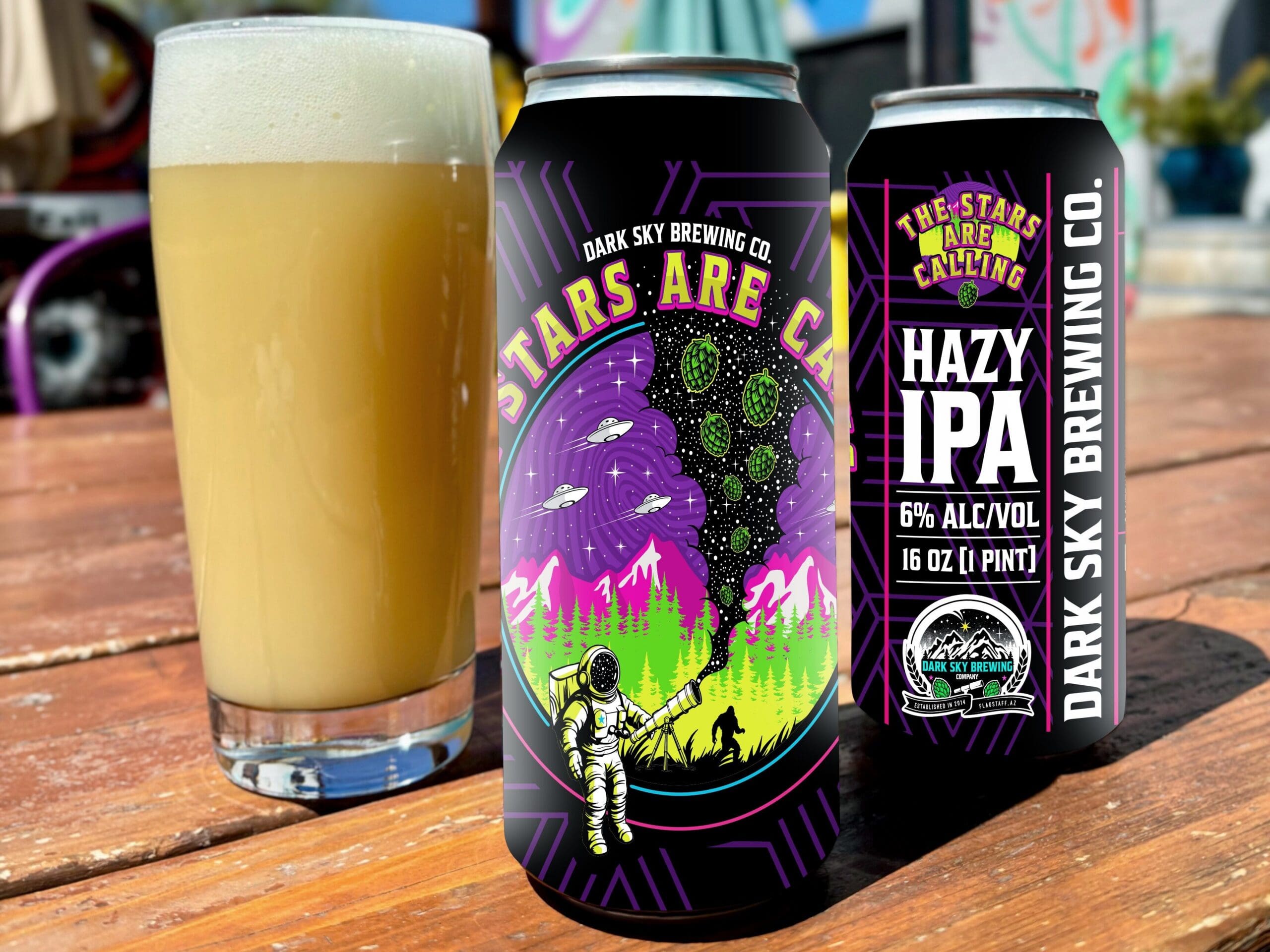 Dark Sky Brewing Co beer cans and hazy IPA on patio in Flagstaff Arizona during Dark Sky Week.