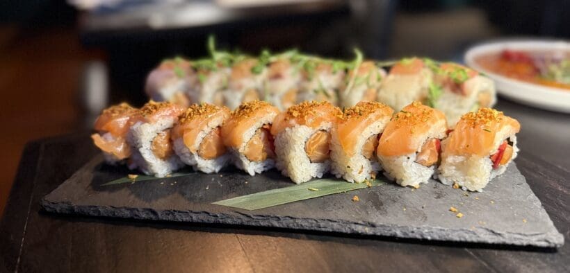 The Akira roll at Across the Pond combines spicy salmon, tamarind sauce and a garlic crumble.