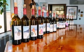 Bottles of Arizona wine lined across a wooden tasting bar inside Chateau Tumbleweed in Clarkdale, Arizona.