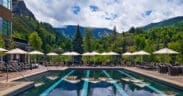 Pool with mountain views at The Westin Riverfront Resort & Spa Avon in Colorado’s Vail Valley.