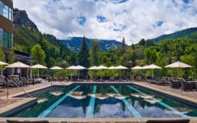 Pool with mountain views at The Westin Riverfront Resort & Spa Avon in Colorado’s Vail Valley.