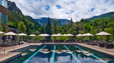 Pool with mountain views at The Westin Riverfront Resort & Spa Avon in Colorado’s Vail Valley.