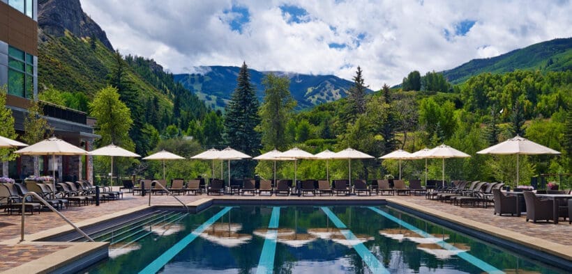 Pool with mountain views at The Westin Riverfront Resort & Spa Avon in Colorado’s Vail Valley.