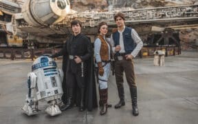 R2D2, Luke Skywalker, Princess Leia, and Han Solo characters stand in front of the Millenieum Falcon at Disneyland Galaxy's Edge.