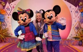 Erin Thorburn poses with Mickey Mouse and Minnie Mouse during Disneyland Resort's Kids Rule Summer media event at Disneyland Resort in Anaheim, California.