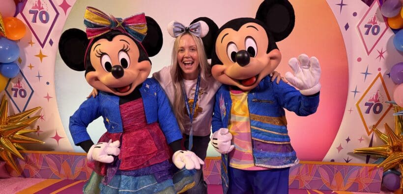 Erin Thorburn poses with Mickey Mouse and Minnie Mouse during Disneyland Resort's Kids Rule Summer media event at Disneyland Resort in Anaheim, California.