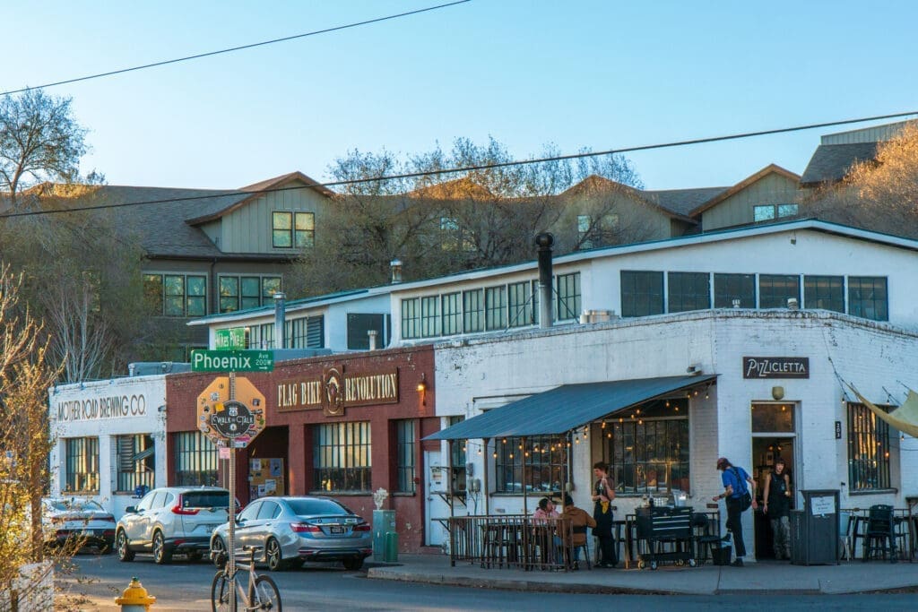 Downtown Flagstaff restaurants and breweries near Route 66 during golden hour in Arizona.