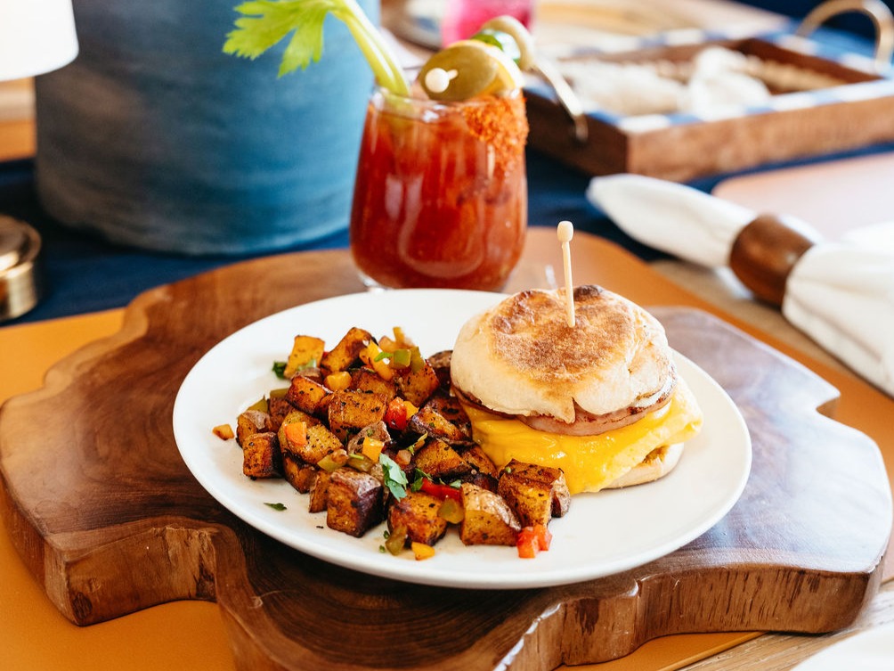 Ham, Egg & Cheese Muffin Breakfast with homestyle potatoes and a Bloody Mary at JOJO Coffeehouse in Scottsdale