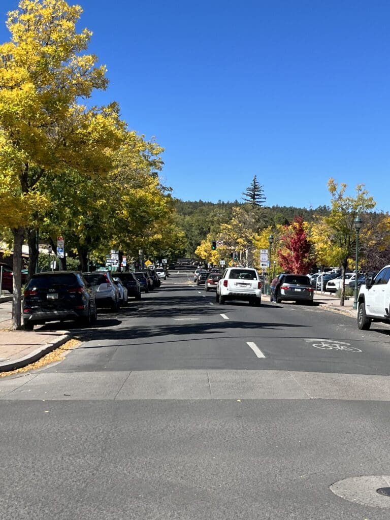 Downtown Flagstaff street lined with colorful trees, parked cars and Route 66 signage beneath a bright blue Arizona sky