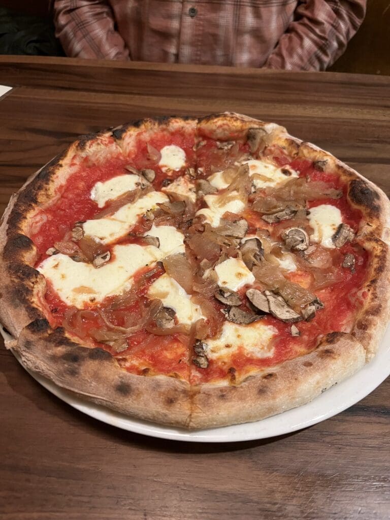 Wood-fired pizza topped with melted mozzarella, caramelized onions and mushrooms at Fat Olives in Flagstaff, Arizona.