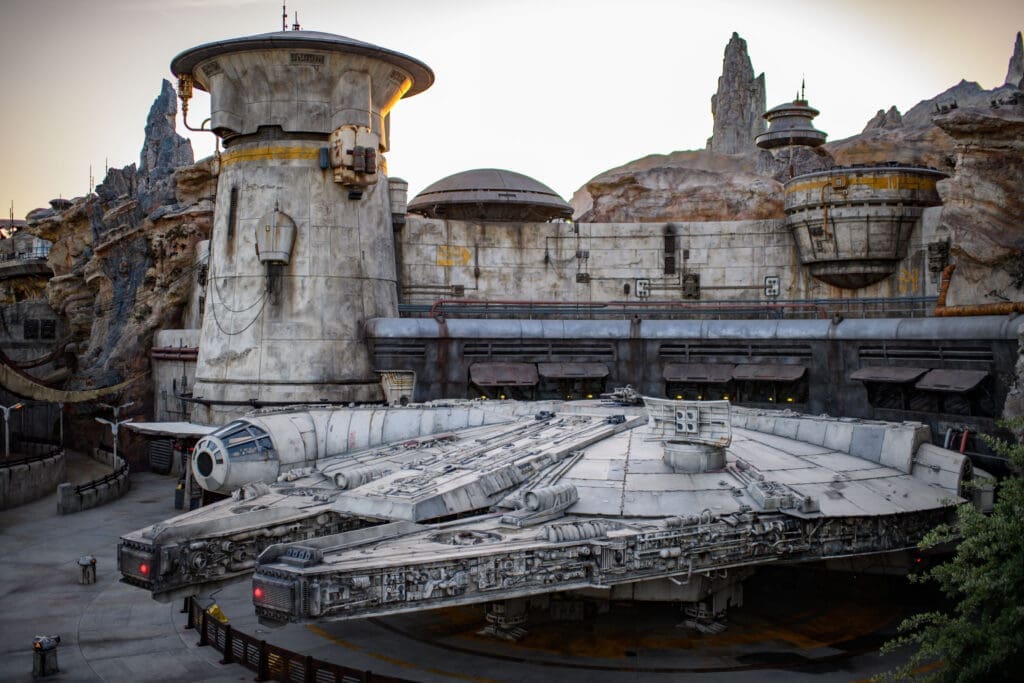 The Millennium Falcon sits in Star Wars: Galaxy's Edge at Disneyland Park in Anaheim, California.