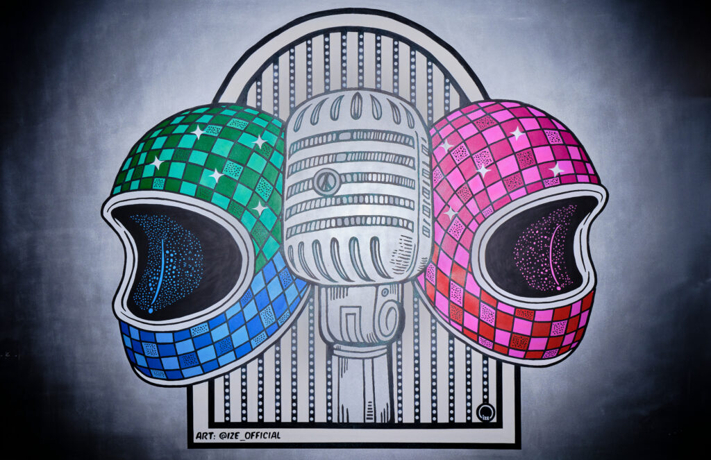 Artwork featuring disco-inspired helmets and a microphone inside Off The Record.
