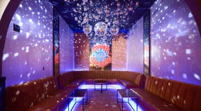 Disco-themed lounge space inside Off The Record nightlife venue in Downtown Phoenix.