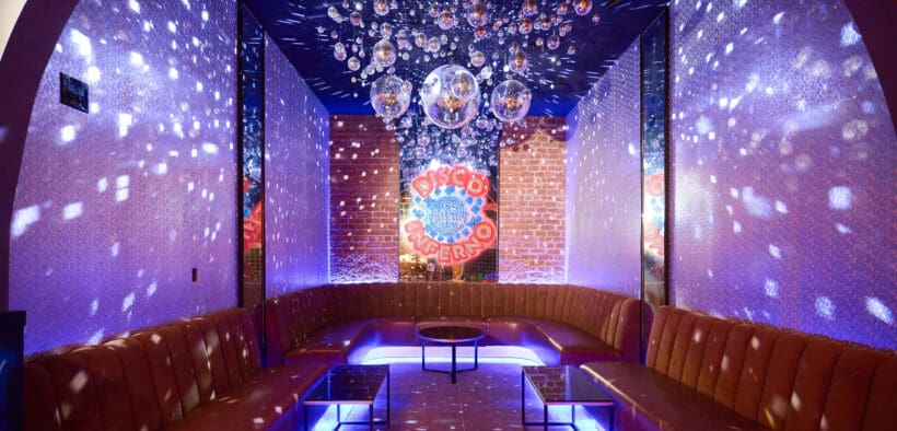 Disco-themed lounge space inside Off The Record nightlife venue in Downtown Phoenix.