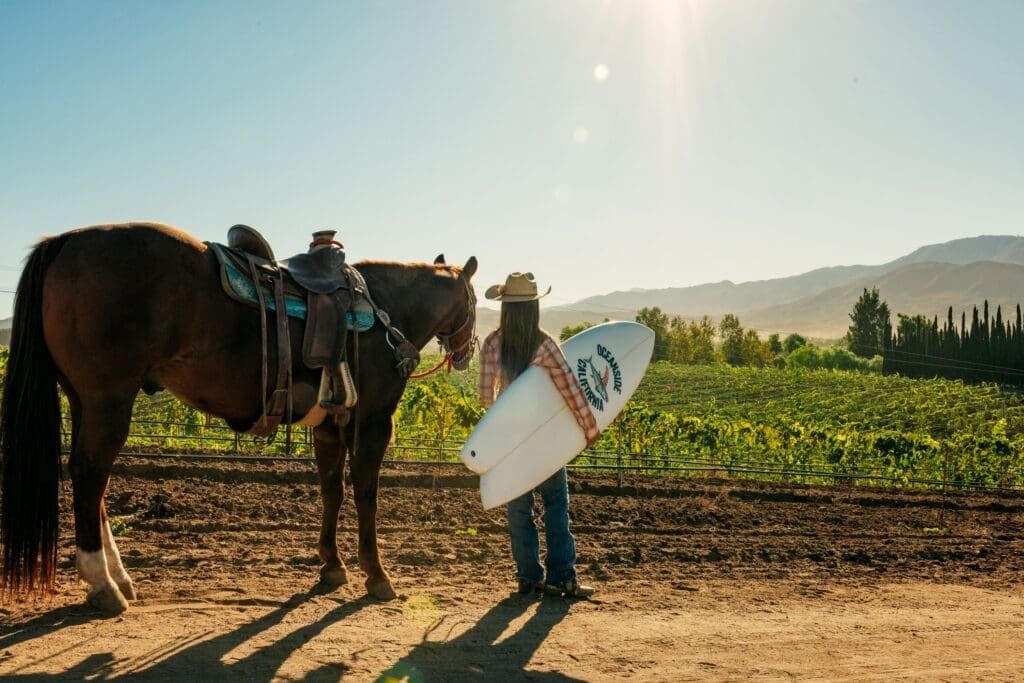 Person holding a surfboard beside a saddled horse overlooking vineyards and mountains in Southern California during golden hour.