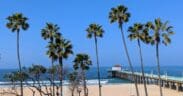 Palm trees and the Manhattan Beach Pier overlook the Pacific Ocean near the Roundhouse Aquarium in Southern California.