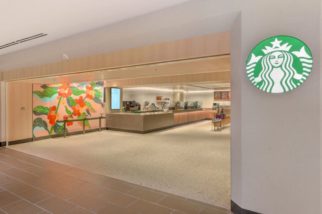 Starbucks location inside Hilton Anaheim hotel lobby area.