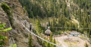 Guests cross a suspension bridge on the Via Ferrata course at Taos Ski Valley during a guided summer mountain adventure.