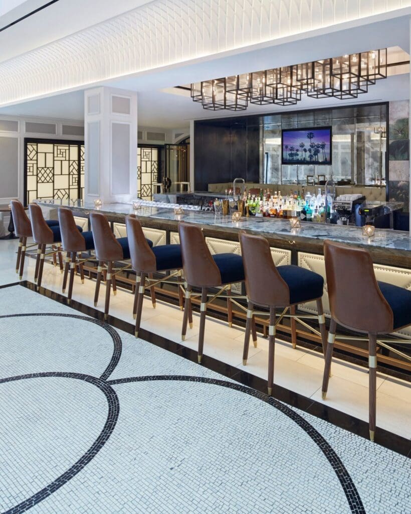 Interior lounge and bar seating at The London West Hollywood at Beverly Hills.