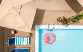 Year-round rooftop swimming pool at Sheraton Denver Downtown with lounge chairs, umbrella seating and a pink flamingo float.