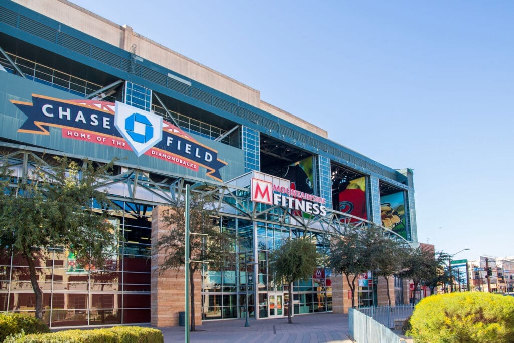 Exterior view of Chase Field in downtown Phoenix, home of the Arizona Diamondbacks.