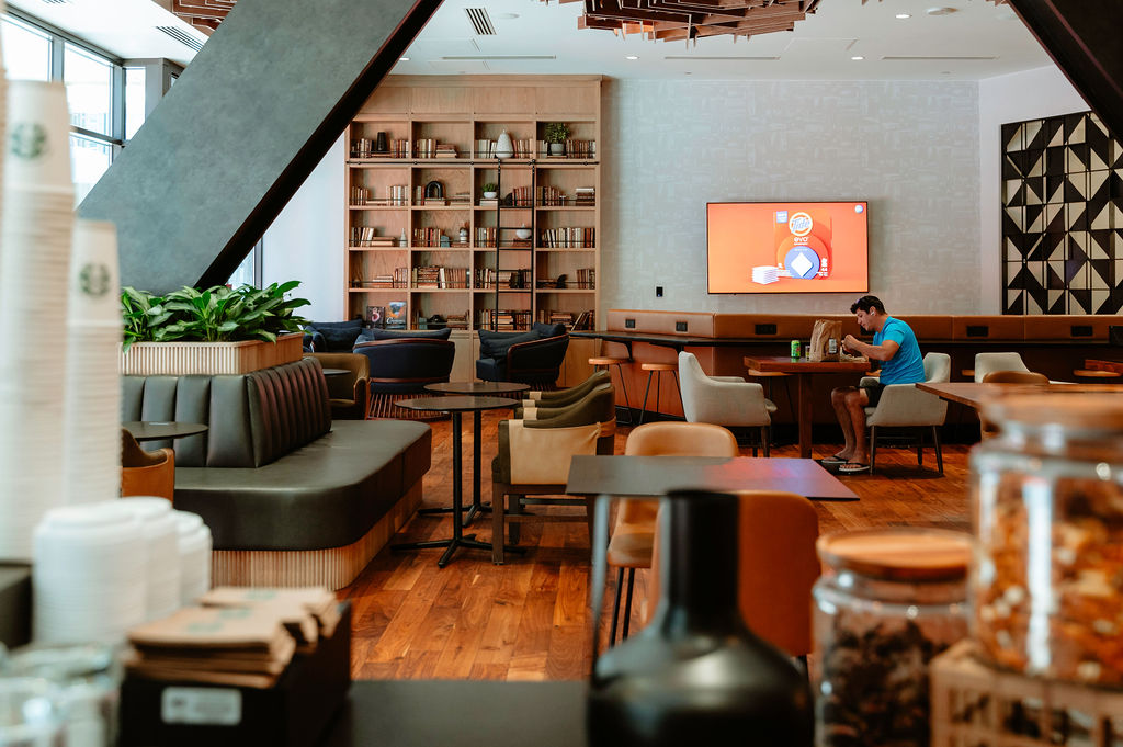 The Sheraton Club at the Sheraton Denver Downtown with a snack bar and seating. 