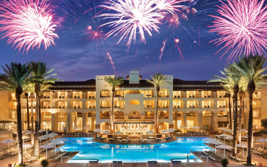 Fireworks explode above the Fairmont Scottsdale Princess during the resort's Freedom Fest Fourth of July celebration in Scottsdale, Arizona.