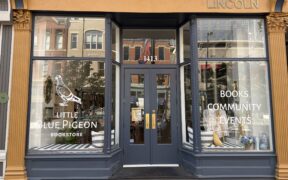Exterior of Little Blue Pigeon bookstore in Larimer Square, Denver.